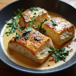 a plate filled with two pieces of cooked fish