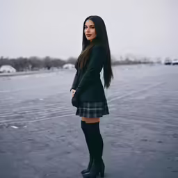 woman in black outfit and boots looking to the side