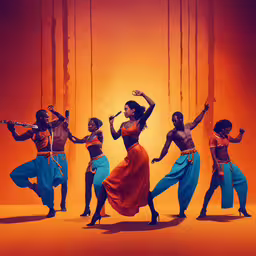 a group of women dancing in different poses,a group of dancers dancing and spinning around in motion