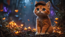 a young cat wearing a baseball cap sits in leaves