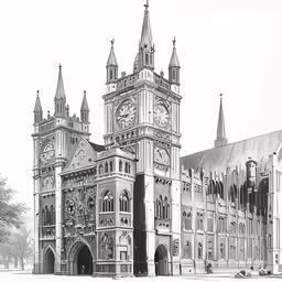 a drawing of a church with a clock tower