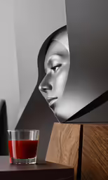 the design for a wall - mounted poster features an intricate face and red beverage in a clear glass