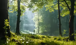 a person in a forest walking on the grass