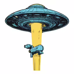 a hand holding up a yellow pole with a spaceship