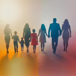 four people walk in front of the image as they hold hands