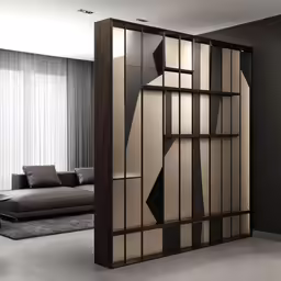 a living room with some bookshelves in it