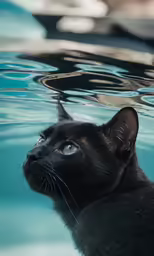 a cat looks at the camera while swimming
