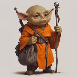 a cartoon character holding a wooden stick in a orange outfit
