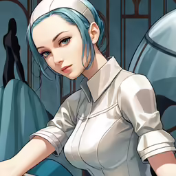 a female with blue hair in an elegant white blouse