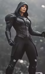 a model in black with her arms extended