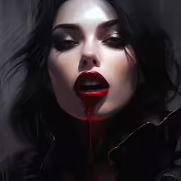 a girl with dark hair and a bleeding lips,the vampire girl with blood on her lips is holding a bleeding cigarette