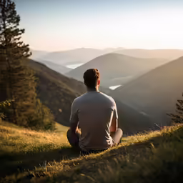 a man sits on top of a mountain while looking at a valley
