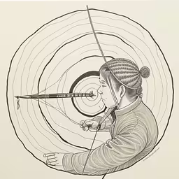 a boy is holding the target of a bow,a woman is aiming the arrow with her hand,the drawing shows a person aiming a bow at an arrow,a drawing of a man aiming an arrow at a target,black and white drawing of woman aiming at a target
