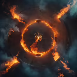 a circular picture in the middle of fire surrounded by clouds