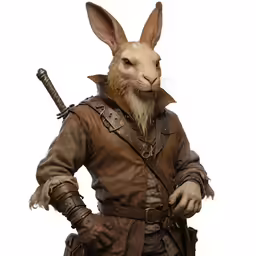 the rabbit is standing wearing leather clothing