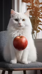 the cat is sitting on a chair with an apple in front of it
