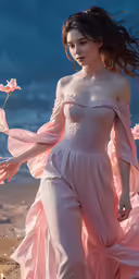the woman is posing in a light pink dress