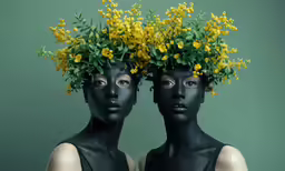 two black faces with yellow flowers on their heads