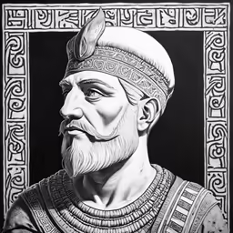 a drawing of a man with a beard and a crown on his head