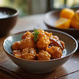 a bowl filled with food next to some orange slices