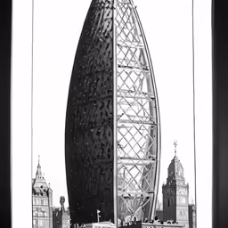 an architectural drawing of a building made out of black and white photos