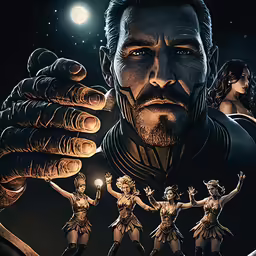 a digital painting of a man with two hands outstretched with some people dressed as dancers