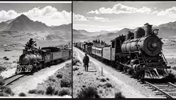 a black and white photo of a train pulling passengers,an old style train traveling through a desert