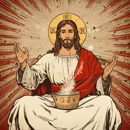jesus sitting down with his hands open