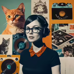 a woman wearing glasses and headphones in front of a cat with records
