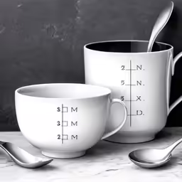 two coffee cups on top of a table with measuring cup