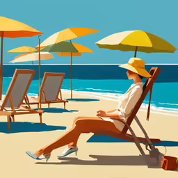 a woman is sitting in a chair on the beach,a painting of a person sitting on a beach