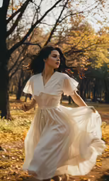 woman in flowing white dress walking in the woods