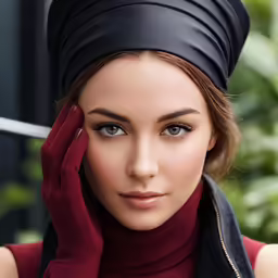 a woman in black holding her hands on her head and looking at the camera