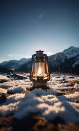 a lighted lantern sitting on the ground in a field of snow
