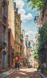 people sit outside buildings in a european city