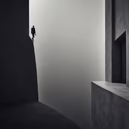 a black and white photo of a man standing on top of a wall