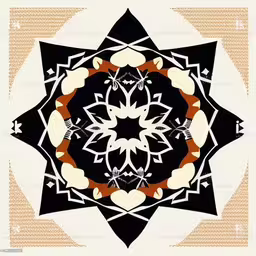 a drawing of a circle with a motif design,the top view of a design with a circular motif,an artistic graphic of an ornate design,a black, white and orange flower design on a white background,a circular artwork with orange and black accents