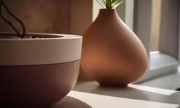 a vase with an olive plant sticking out of it