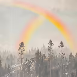 a beautiful rainbow appears over the top of some trees