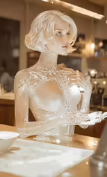 a plastic white woman sitting in a room