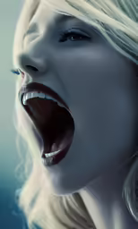 a young blond haired woman has her mouth wide open