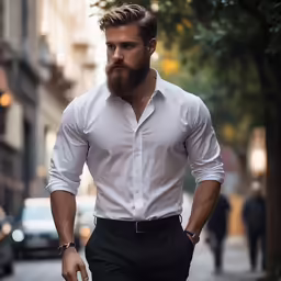 a man with a beard and shirt on walks down a city street