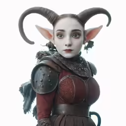 a woman with horns is wearing a red outfit