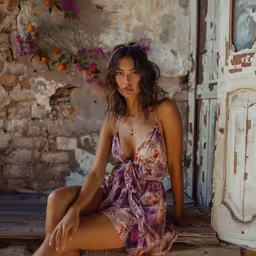 a beautiful woman sitting down wearing a purple dress,a young woman wearing an ornate dress sitting on the ground