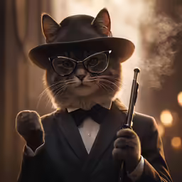 cat in top hat with eye glasses and cane holding gun