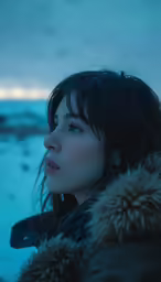 a woman standing in the snow wearing a jacket