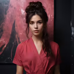 a woman is looking into the camera while wearing a red dress
