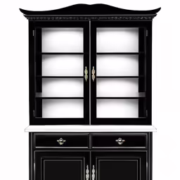 a black china cabinet with glass doors and two shelves