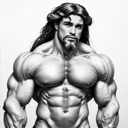 a drawing of a man with long hair and muscles