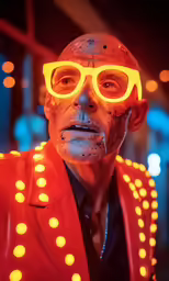 a person with yellow light colored sunglasses is looking at something